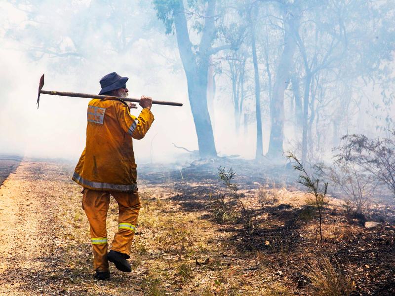 Fire fighter in smoky bush setting